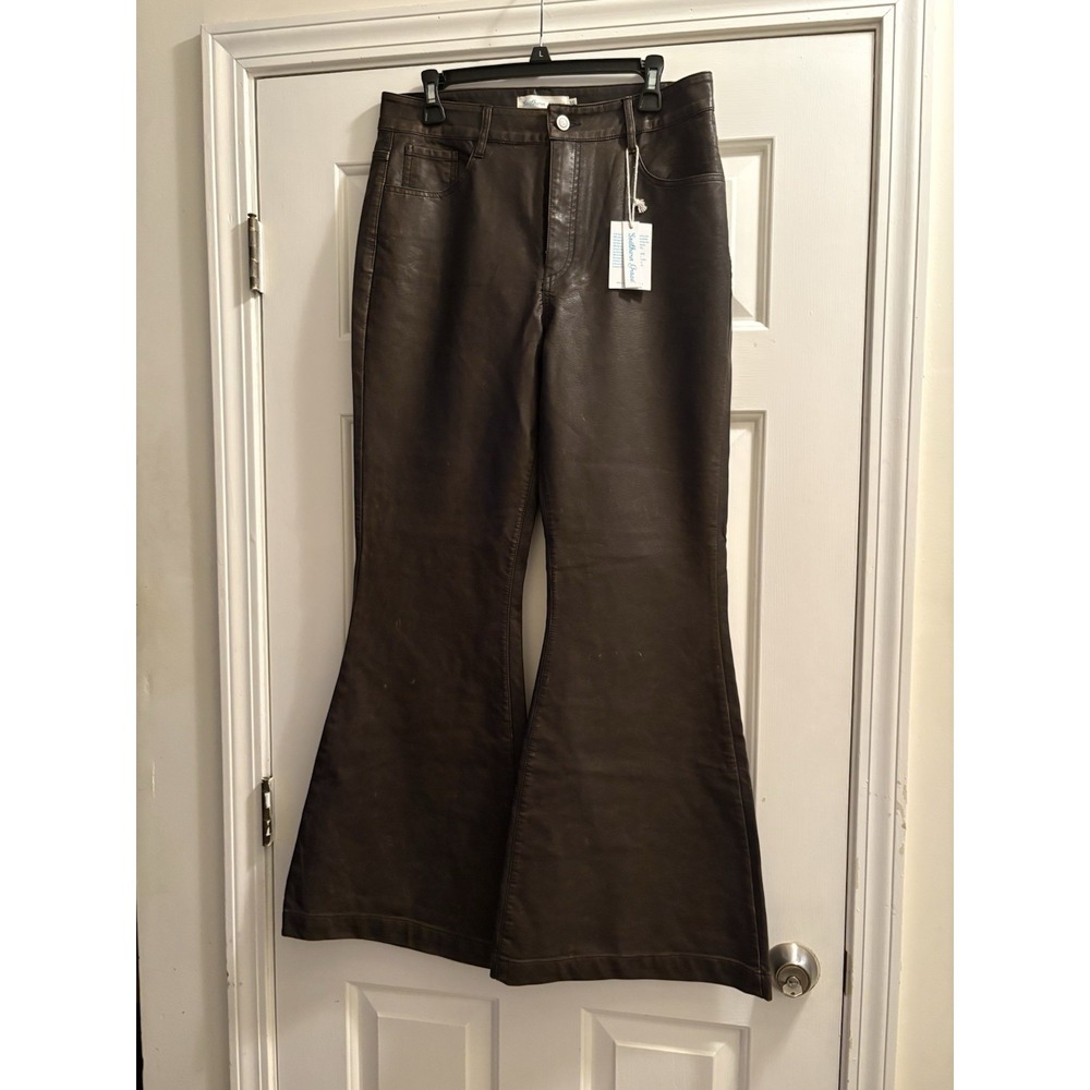 NWT Boutique Brown Faux Leather Flare Leg Pants Size 10 Southern Grace Bell Leg